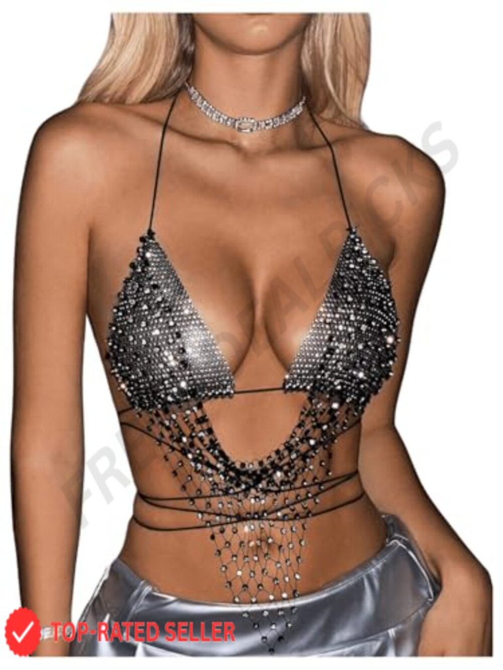 Sparkly Rhinestone Backless Halter Crop Top Draped Strappy Party Outfit